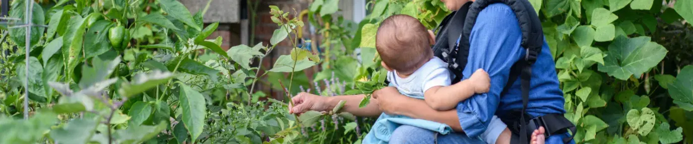 NIcky Schauder weeding with her child in the tiny garden